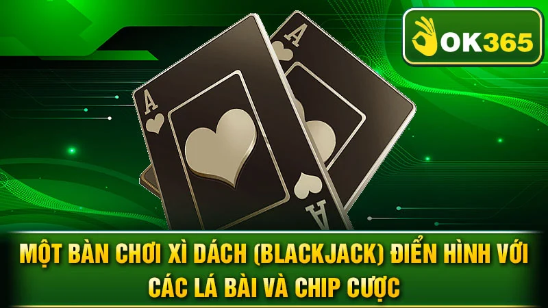 Một bàn chơi Xì Dách (Blackjack) điển hình với các lá bài và chip cược.