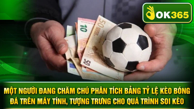 Một người đang chăm chú phân tích bảng tỷ lệ kèo bóng đá trên máy tính, tượng trưng cho quá trình soi kèo.