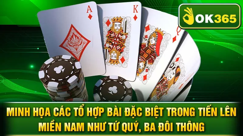 Minh họa các tổ hợp bài đặc biệt trong Tiến Lên Miền Nam như Tứ Quý, Ba Đôi Thông.